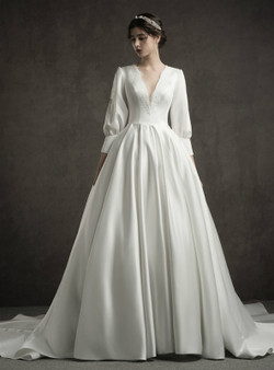 Shop 2019 Long & Short White Satin Deep V-neck Long Sleeve Wedding Dress With Train With Factory Price From Kemedress